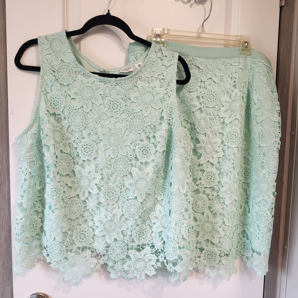 Cato Mint Green Floral Lace Skirt And Blouse Set